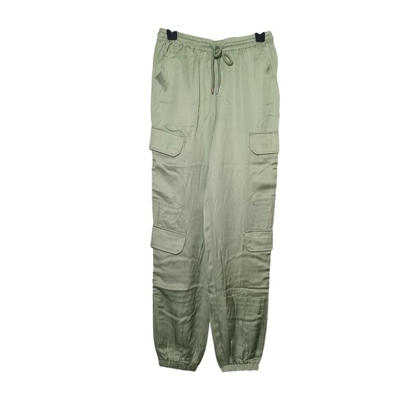 NEW Gorgeous Satin Mid-Rise Cargo Pants Size M Sage Green Joggers Elastic Waist - Picture 3 of 10